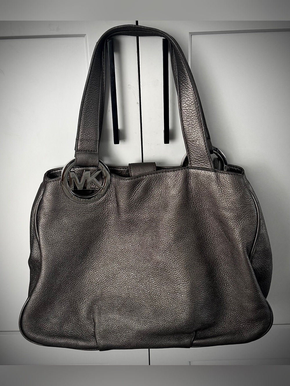Michael Kors Metallic Gunmetal Pebbled Leather Large Tote Bag Y2K.